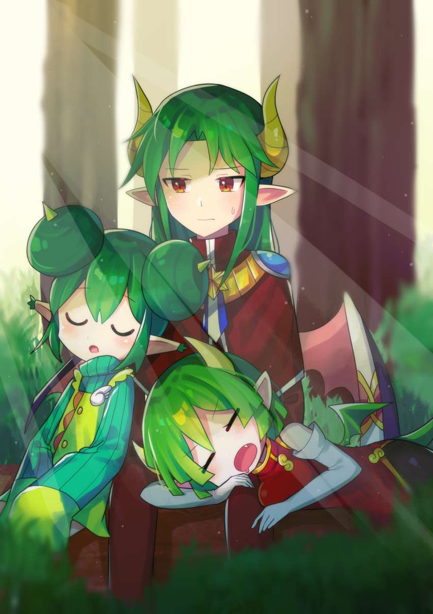 1boy 2girls china_dress chinese_clothes closed_eyes day draco_centauros dragon_girl dragon_horns dragon_tail dragon_wings dress elbow_gloves fang gloves green_hair highres horns lap_pillow lidelle_(puyopuyo) long_hair multiple_girls open_mouth outdoors pointy_ears puyopuyo red_dress red_eyes s2offbeat satan_(puyopuyo) short_hair sleeping sweatdrop tail white_gloves wings