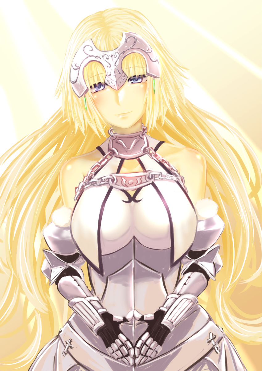 1girl :d arm_guards arm_up armor armored_dress armpits banner bare_shoulders black_gloves blonde_hair blue_eyes blush breasts chain cowboy_shot dress elbow_gloves fate/grand_order fate_(series) feathers fur-trimmed_gloves fur-trimmed_legwear fur_trim gloves highres impossible_clothes impossible_dress jeanne_d'arc_(fate) jeanne_d'arc_(fate/apocrypha) large_breasts light_particles long_hair open_mouth sheath sheathed signature sleeveless sleeveless_dress smile solo sword thigh-highs thirukin very_long_hair weapon white_dress white_legwear