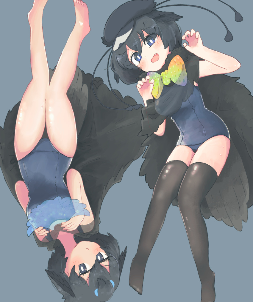 2girls absurdres bare_arms bare_legs bare_shoulders barefoot bird_girl bird_tail bird_wings black_cape black_hair black_headwear black_legwear blue_eyes blue_hair blue_swimsuit blush bow bowtie cabbie_hat cape claw_pose commentary_request fang hasu_(zatsugami) hat head_wings highres kemono_friends multicolored_hair multiple_girls no_shoes one-piece_swimsuit open_mouth school_swimsuit short_hair sleeveless streaked_hair superb_bird-of-paradise_(kemono_friends) swimsuit tail thigh-highs western_parotia_(kemono_friends) wings yellow_bow yellow_bowtie zettai_ryouiki