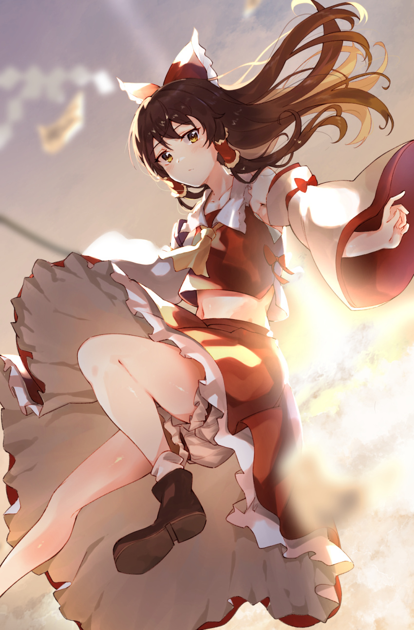 1girl :/ ascot bangs bare_shoulders bloomers bow breasts brown_eyes brown_footwear brown_hair closed_mouth collar commentary_request detached_sleeves eyebrows_visible_through_hair foot_out_of_frame gohei hair_between_eyes hair_bow hair_ornament hair_tubes hakurei_reimu hand_up highres long_sleeves looking_at_viewer medium_breasts midriff navel nontraditional_miko pants red_bow red_skirt red_vest ribbon-trimmed_sleeves ribbon_trim shirt short_hair skirt smile socks solo stomach tamiku_(shisyamo609) touhou underwear vest white_legwear white_pants white_shirt wide_sleeves yellow_ascot