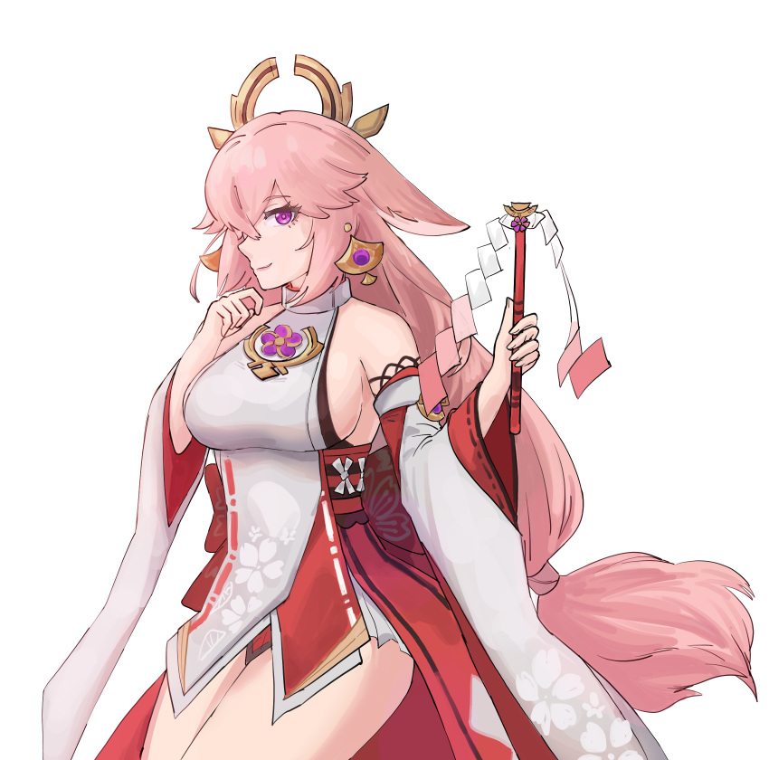 1girl animal_ears bangs bare_shoulders blush breasts detached_sleeves fox_ears genshin_impact gohei haeto hair_ornament highres japanese_clothes jewelry kimono large_breasts long_hair looking_at_viewer necklace parted_lips pendant pink_hair purple_eyes red_skirt sidelocks skirt sleeveless sleeveless_kimono smile solo thighs very_long_hair white_kimono wide_sleeves yae_(genshin_impact)