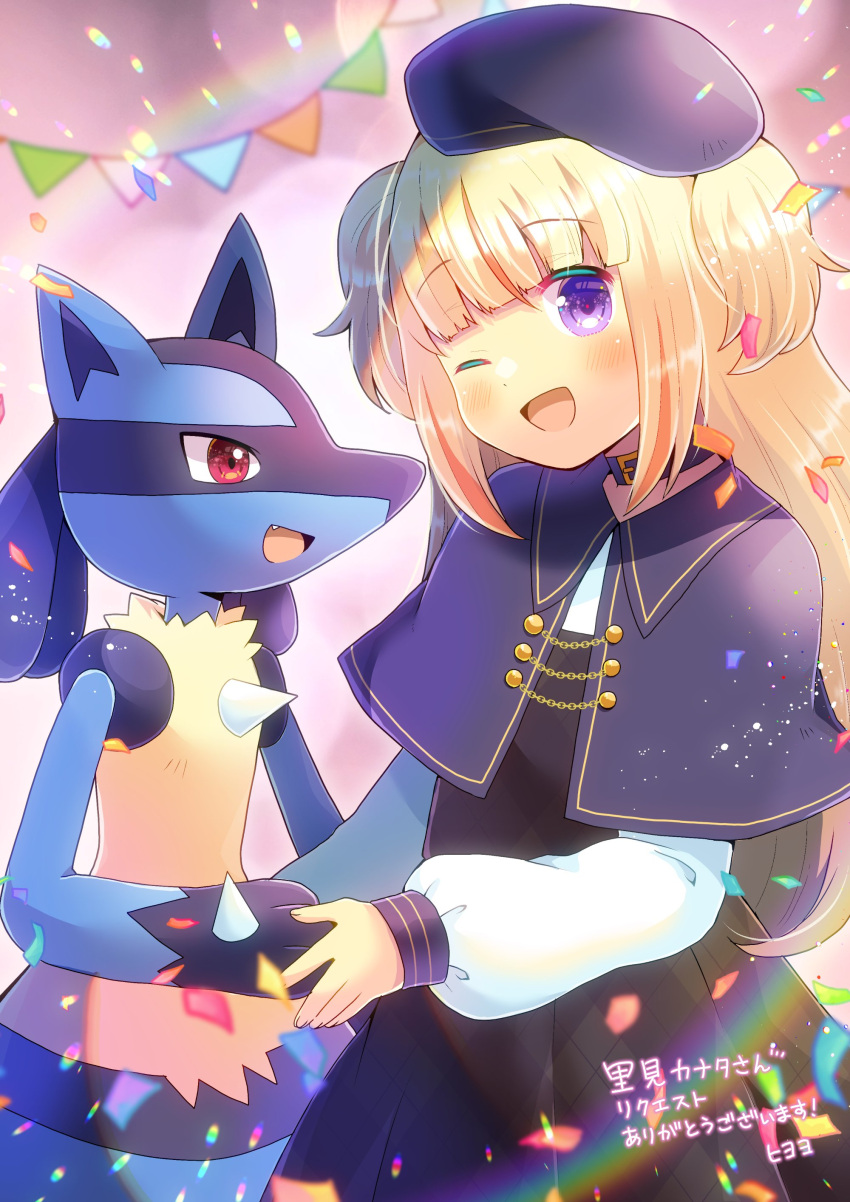 1girl absurdres blonde_hair commission date+links! hat highres komiya_rea kou_hiyoyo long_sleeves looking_at_viewer lucario one_eye_closed pale_skin pokemon skeb_commission violet_eyes virtual_youtuber