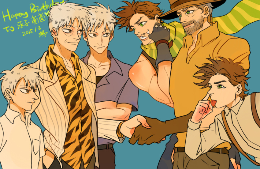 6+boys :p age_progression akagi:_yami_ni_oritatta_tensai akagi_shigeru akanbe animal_print battle_tendency brown_hair child crossed_arms crossover formal gloves green_eyes green_scarf grey_hair handshake jojo_no_kimyou_na_bouken joseph_joestar joseph_joestar_(young) kilva_lollop male_focus multiple_boys multiple_persona old old_man red_eyes scarf silver_hair stardust_crusaders striped striped_scarf suit suspenders teenage ten_(manga) tiger_print tongue tongue_out white_hair