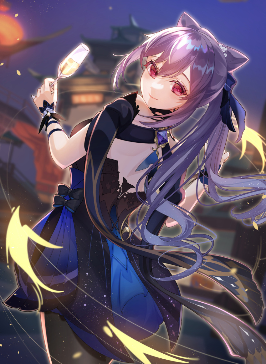 1girl bare_shoulders black_dress blue_dress bow bowtie breasts building champagne_flute cup dress drinking_glass genshin_impact hair_ornament highres keqing_(genshin_impact) keqing_(opulent_splendor)_(genshin_impact) long_hair looking_at_viewer looking_back natsuki_yoru night purple_hair smile twintails violet_eyes vision_(genshin_impact)
