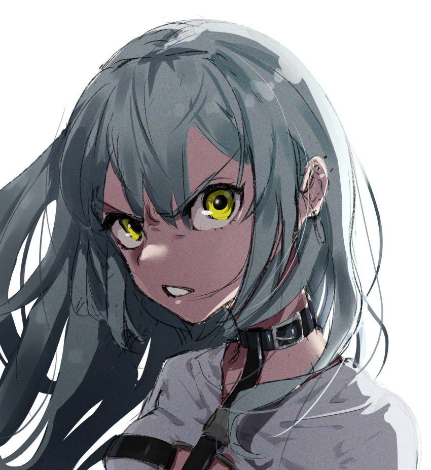 1girl belt_collar collar copyright_request earrings glaring grey_hair highres jewelry looking_at_viewer scowl shirt simple_background solo taiga_(ryukyu-6102-8) upper_body v-shaped_eyebrows white_background white_shirt yellow_eyes