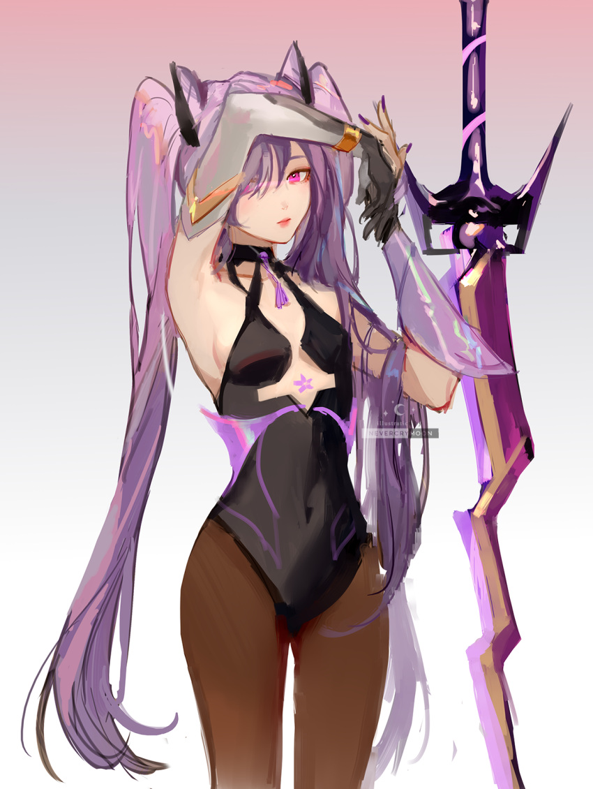 1girl artist_name black_leotard breasts brown_legwear closed_mouth covered_navel elbow_gloves genshin_impact gloves gradient gradient_background highres keqing_(genshin_impact) leotard long_hair looking_at_viewer nail_polish nevercrymoon pantyhose purple_hair purple_nails single_elbow_glove solo twintails violet_eyes weapon