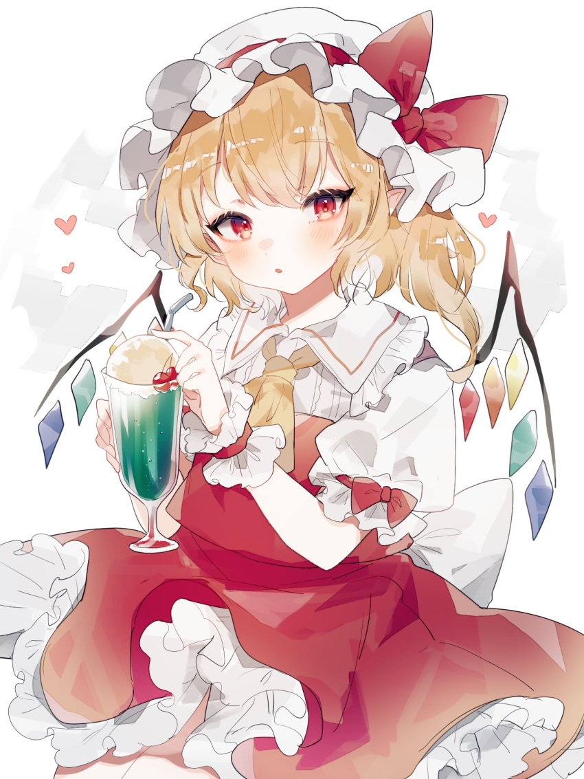 1girl blonde_hair blush cowboy_shot crystal cup flandre_scarlet hat heart highres holding holding_cup looking_at_viewer mob_cap one_side_up parfait pointy_ears red_eyes simple_background solo sorani_(kaeru0768) touhou white_background wings