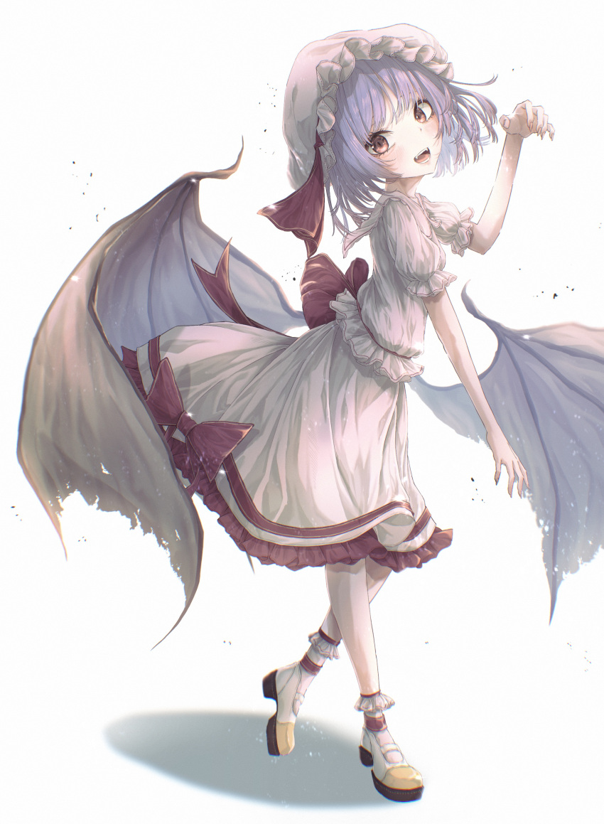 1girl :d absurdres bat_wings claw_pose dress full_body hat head_tilt highres looking_at_viewer low_wings mob_cap purple_hair red_eyes remilia_scarlet short_hair simple_background smile solo standing touhou tqg_07 white_background white_dress wings