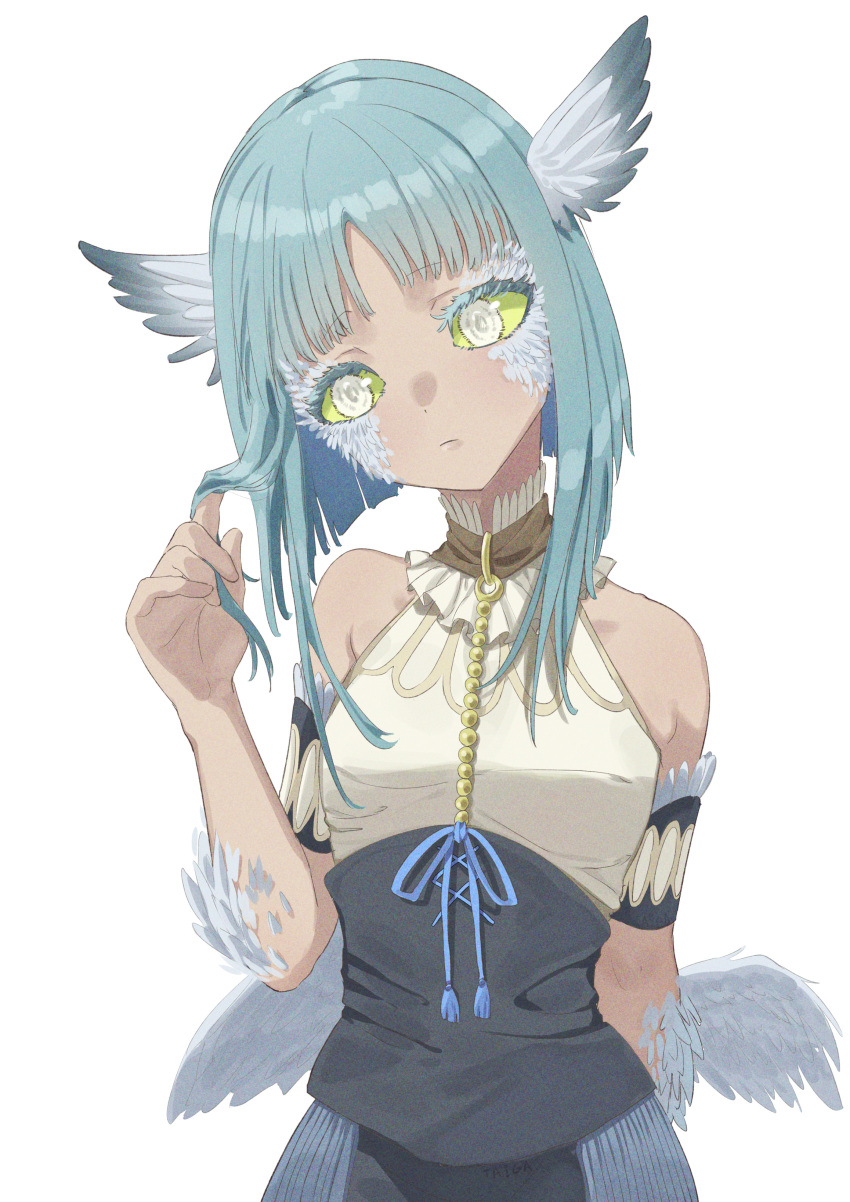 1girl absurdres bare_shoulders bird_girl blue_ribbon bob_cut closed_mouth colored_sclera dot_nose feathers green_hair green_sclera hair_twirling head_tilt head_wings highres inverted_bob low_wings medium_hair monster_girl ribbon simple_background solo somali_to_mori_no_kami-sama taiga_(ryukyu-6102-8) white_background wings