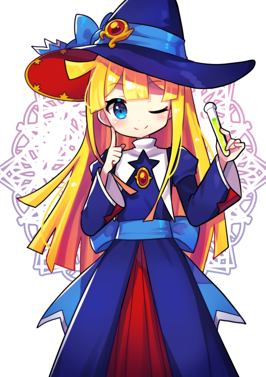 1girl absurdres blonde_hair blue_bow blue_eyes blue_headwear blue_ribbon blush bow closed_mouth eyebrows_visible_through_hair hat hat_bow hat_ribbon highres holding holding_test_tube index_finger_raised long_hair long_sleeves looking_at_viewer puyopuyo ribbon s2offbeat smile solo test_tube witch_(puyopuyo) witch_hat