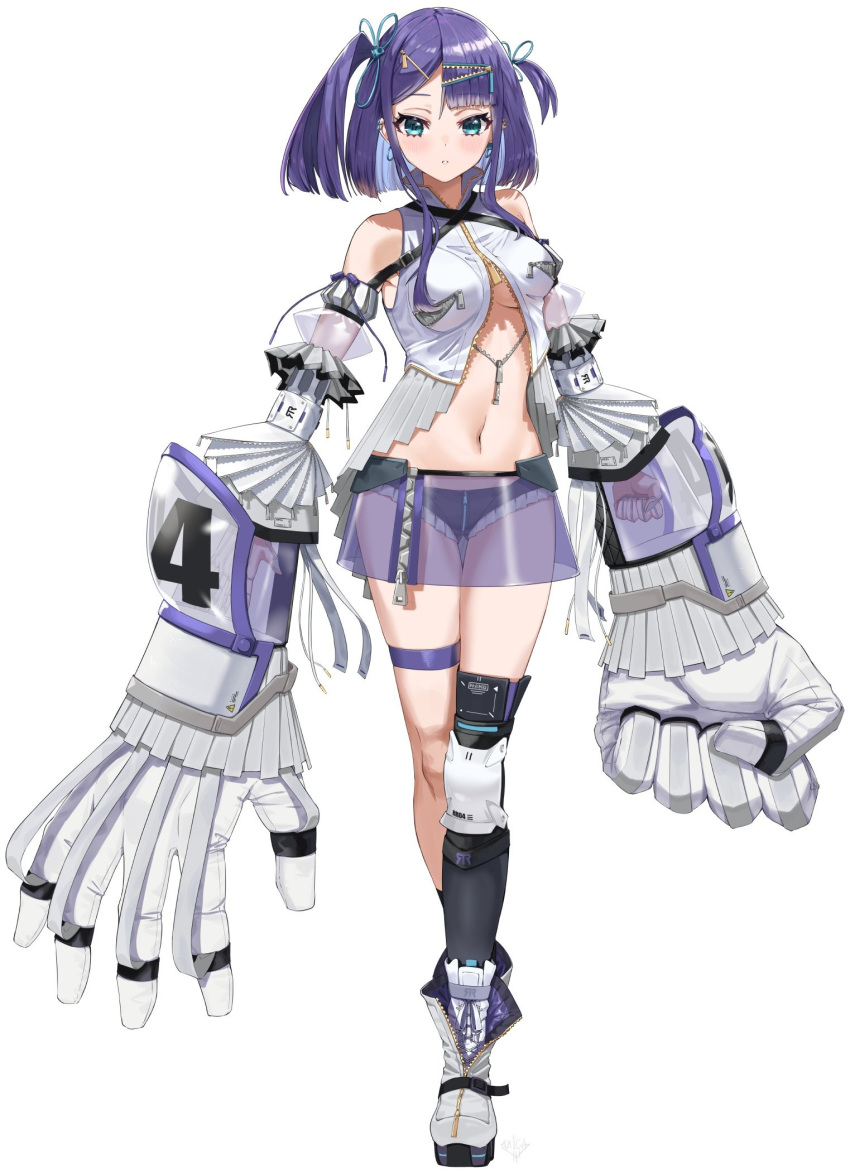 1girl blush boots breasts earrings full_body green_eyes grey_footwear hair_ornament hairclip highres jewelry knee_pads looking_at_viewer micro_shorts navel open_clothes open_shirt original oversized_forearms oversized_limbs parted_lips purple_hair see-through_skirt shirt shorts side_ponytail simple_background skirt solo standing taiga_(ryukyu-6102-8) thigh_gap thigh_strap under_boob white_background white_shirt