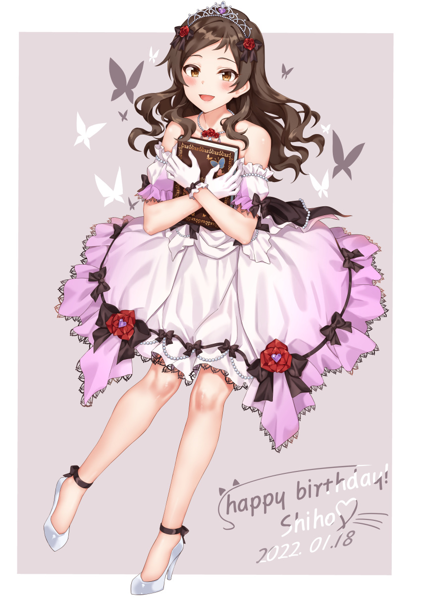 1girl absurdres bare_shoulders blush book brown_eyes bug butterfly collarbone dated dress flower full_body gloves hair_flower hair_ornament happy_birthday high_heels highres idolmaster idolmaster_million_live! idolmaster_million_live!_theater_days jewelry kitazawa_shiho knees lace-trimmed_dress lace_trim long_hair looking_at_viewer medium_dress necklace open_mouth pearl_necklace rose simple_background sirurabbit smile tiara wavy_hair white_legwear
