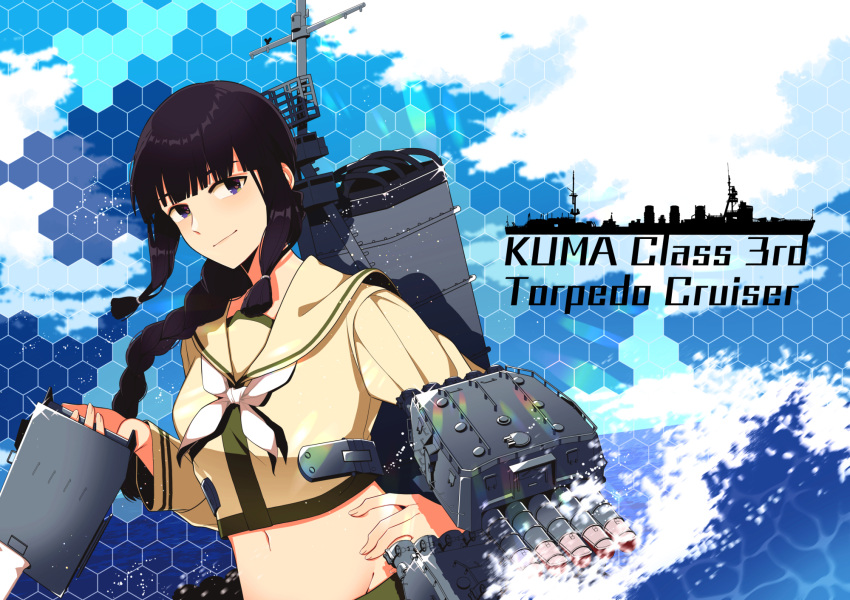 1girl adapted_turret bangs beige_sailor_collar beige_serafuku black_eyes black_hair blunt_bangs braid cannon character_name commentary_request highres honeycomb_(pattern) honeycomb_background kantai_collection kitakami_(kancolle) kitakami_kai_ni_(kancolle) long_hair looking_at_viewer machinery midriff sailor_collar school_uniform serafuku sidelocks solo tanaka_io_(craftstudio) turret upper_body