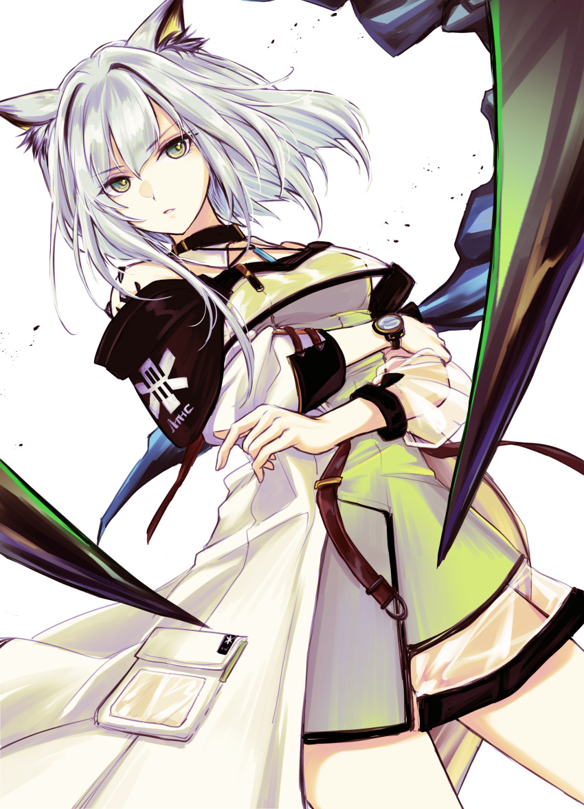 1girl absurdres animal_ear_fluff animal_ears arknights bangs bare_shoulders breasts chiwa_(chiwawanwan1206) crossed_arms dress dutch_angle eyebrows_visible_through_hair green_dress green_eyes grey_hair hair_between_eyes highres jacket kal'tsit_(arknights) long_hair long_sleeves medium_breasts off-shoulder_jacket off_shoulder puffy_long_sleeves puffy_sleeves see-through see-through_sleeves simple_background solo white_background white_jacket