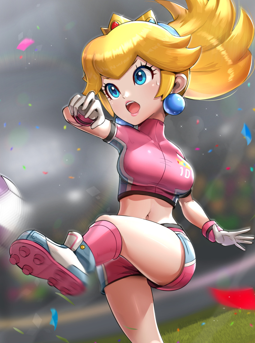1girl :o blonde_hair blue_eyes breasts commentary_request confetti crown earrings gloves gonzarez highres jewelry kneehighs long_hair navel open_mouth ponytail princess_peach solo super_mario_bros. super_mario_strikers