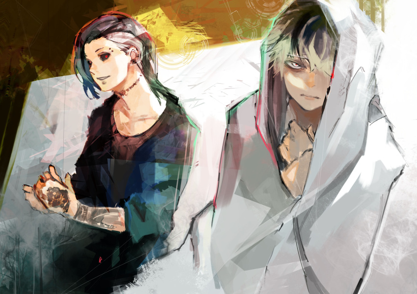 2boys absurdres arm_tattoo bangs black_hair black_sclera black_shirt blanket brown_background closed_mouth collarbone colored_sclera cowboy_shot eyebrows_visible_through_hair grey_background grey_hair hair_over_one_eye highres holding kaneki_ken kyuuba_melo long_hair long_sleeves multicolored_background multiple_boys red_eyes sasaki_haise shirt tattoo tokyo_ghoul tokyo_ghoul:re uta_(tokyo_ghoul)