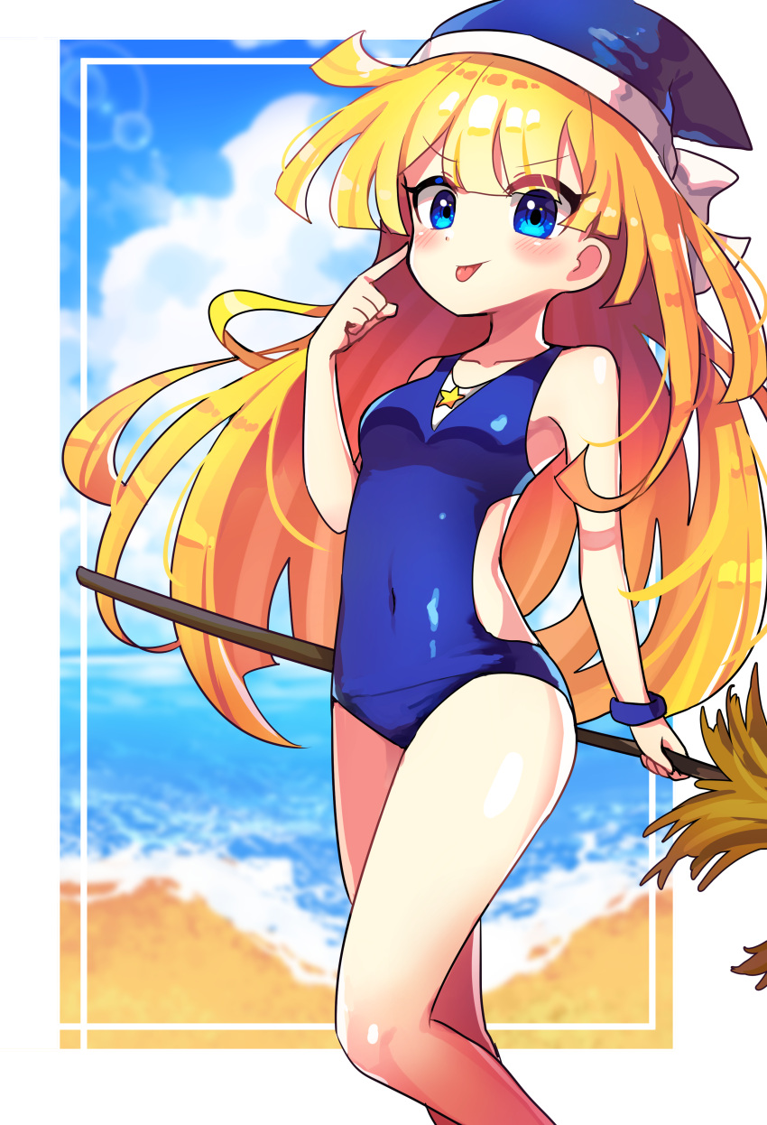 1girl absurdres beach blonde_hair blue_eyes blue_swimsuit blush broom closed_mouth day eyebrows_visible_through_hair highres holding holding_broom long_hair looking_at_viewer one-piece_swimsuit outdoors puyopuyo s2offbeat smile solo swimsuit tongue tongue_out very_long_hair witch_(puyopuyo)