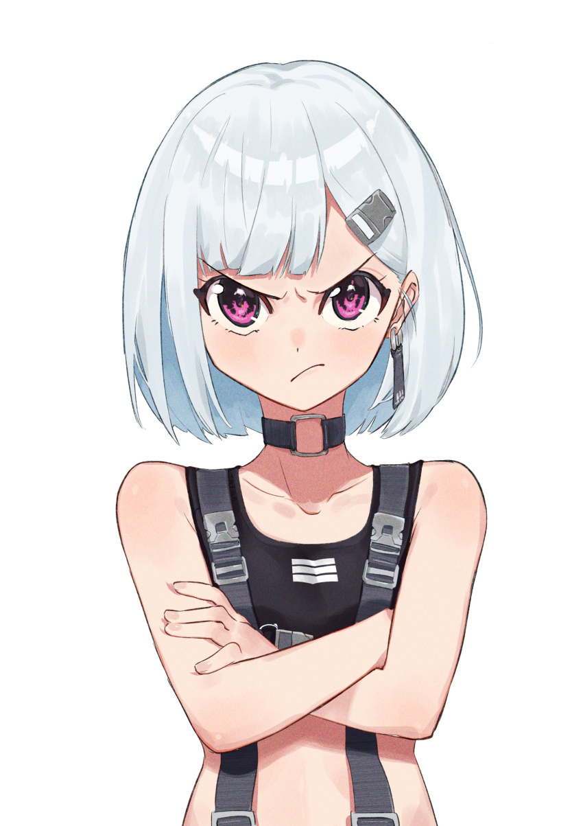 1girl :/ absurdres closed_mouth earrings frown glaring grey_hair hair_ornament hairclip highres jewelry looking_at_viewer medium_hair o-ring_collar original pink_eyes scowl simple_background single_earring solo taiga_(ryukyu-6102-8) tank_top white_background