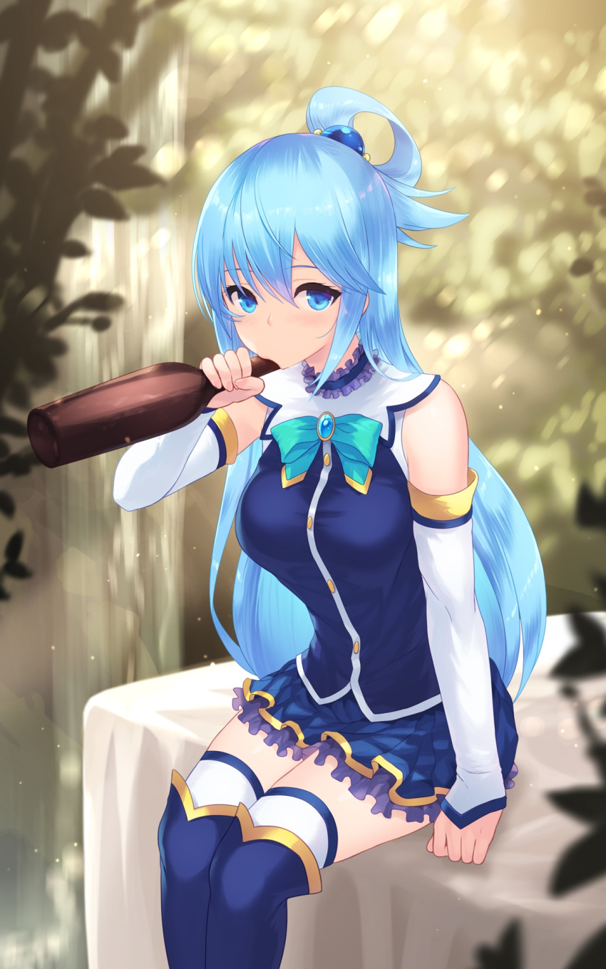 1girl alcohol aqua_(konosuba) bangs bare_shoulders blue_eyes blue_hair blue_legwear blue_shirt blue_skirt blurry blurry_background blush bottle breasts cait_aron detached_sleeves drinking frown gem green_ribbon hair_ornament hair_rings highres kono_subarashii_sekai_ni_shukufuku_wo! long_hair looking_at_viewer medium_breasts outdoors photoshop_(medium) pleated_skirt ribbon shirt skirt solo thigh-highs white_legwear