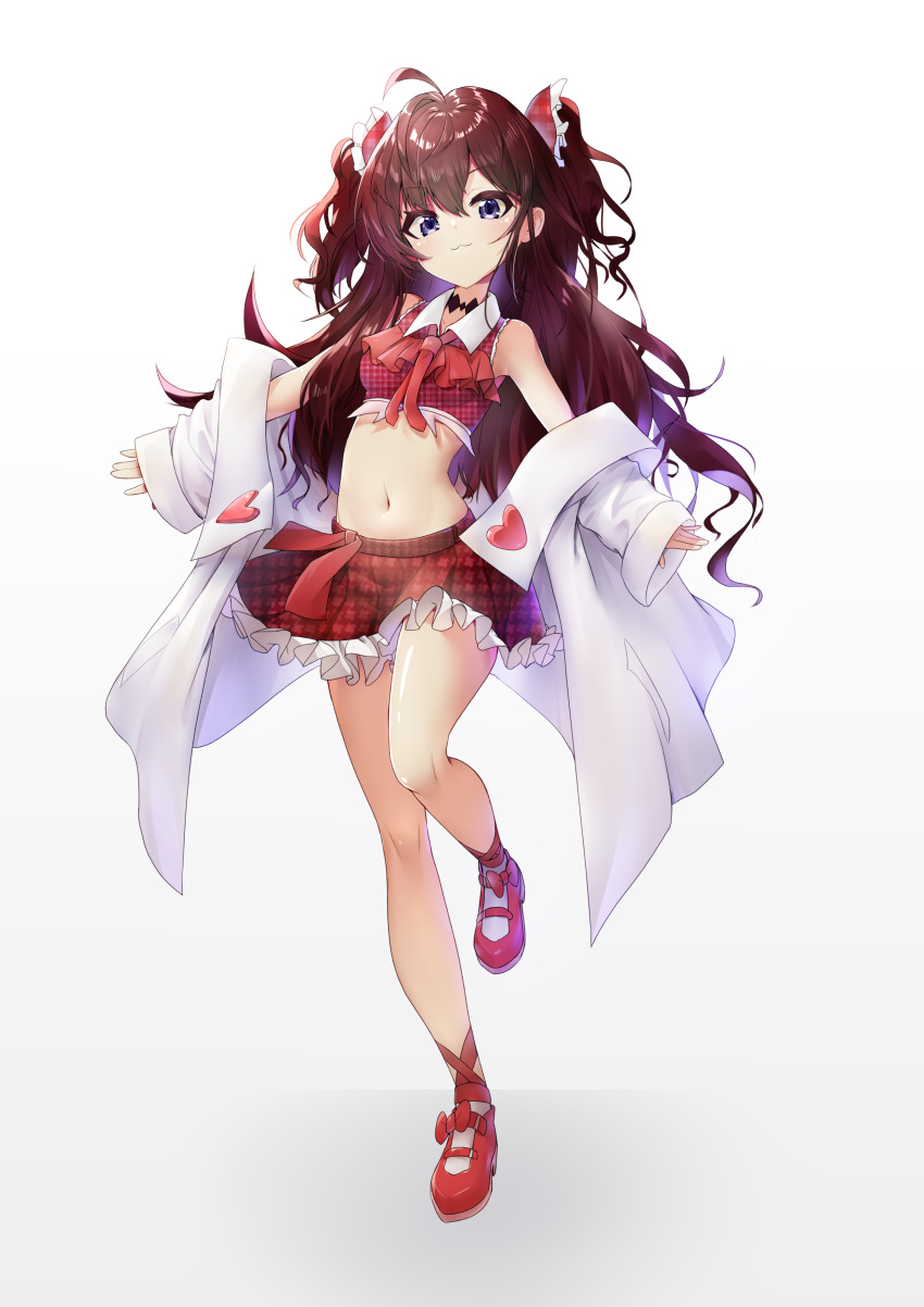 1girl :3 absurdres breasts brown_hair coat commentary_request eyebrows_visible_through_hair frilled_skirt frills full_body highres ichinose_shiki idolmaster idolmaster_cinderella_girls labcoat long_hair long_sleeves looking_at_viewer navel necktie off_shoulder pg_(pege544) red_footwear red_necktie red_skirt skirt small_breasts solo standing standing_on_one_leg stomach two_side_up violet_eyes white_background