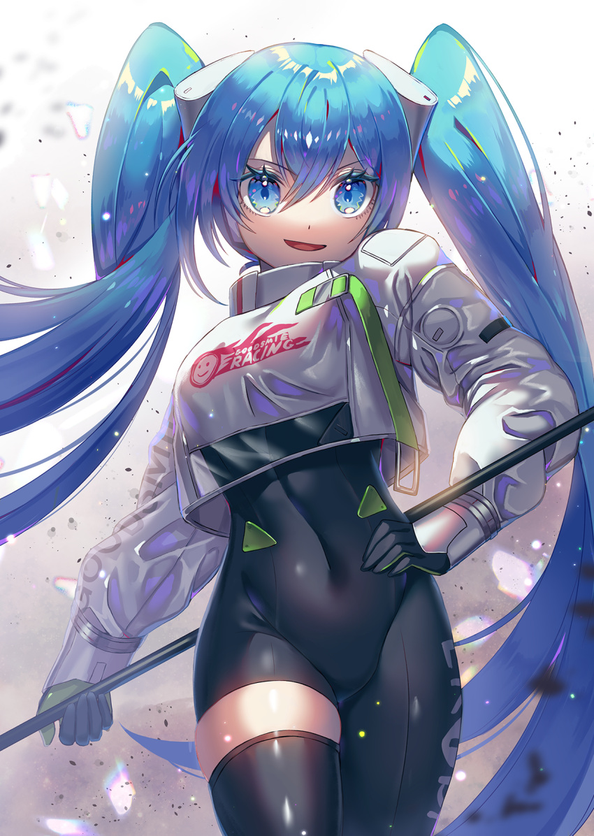 1girl :d black_bodysuit black_gloves black_legwear blue_eyes blue_hair bodysuit clothes_writing covered_navel cowboy_shot crop_top eyebrows_visible_through_hair gloves gradient gradient_background grey_background hair_between_eyes hand_on_hip hatsune_miku highres holding holding_staff light_particles long_hair long_sleeves looking_at_viewer open_mouth racing_miku racing_miku_(2022) raymond_busujima see-through single_thighhigh skin_tight skindentation smile solo staff thigh-highs twintails v-shaped_eyebrows very_long_hair vocaloid