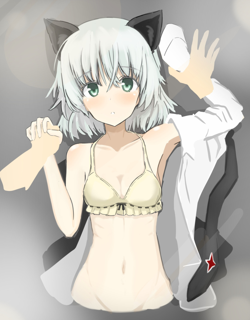 1girl absurdres animal_ears blush bra breasts cat_ears collarbone eyebrows_visible_through_hair green_eyes highres holding_hands looking_at_viewer lying military military_uniform navel on_back parted_lips sanya_v._litvyak shiny shiny_hair shiny_skin short_hair silver_hair small_breasts strike_witches turkeysand_(fernandear_504) underwear uniform upper_body world_witches_series yellow_bra