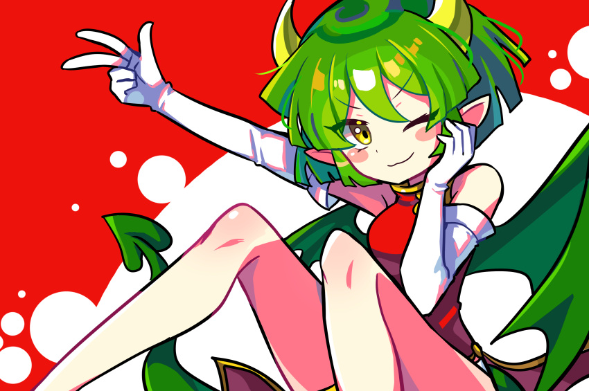 1girl absurdres china_dress chinese_clothes draco_centauros dragon_girl dragon_horns dragon_tail dragon_wings dress elbow_gloves eyebrows_visible_through_hair gloves green_hair highres horns knees_up looking_at_viewer one_eye_closed puyopuyo red_dress s2offbeat short_hair sleeveless sleeveless_dress solo tail v white_gloves wings yellow_eyes