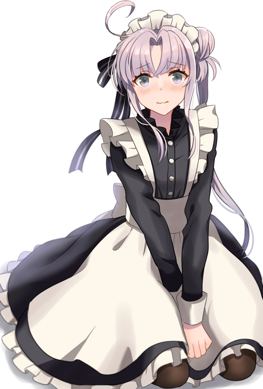 1girl ahoge akitsushima_(kancolle) alternate_costume apron black_dress black_legwear blush buttons closed_mouth dress enmaided eyebrows_visible_through_hair hair_between_eyes highres kantai_collection light_purple_hair long_hair long_sleeves looking_at_viewer maid maid_apron maid_headdress natsume_(natsume_melio) pantyhose side_ponytail sidelocks simple_background solo violet_eyes white_apron white_background
