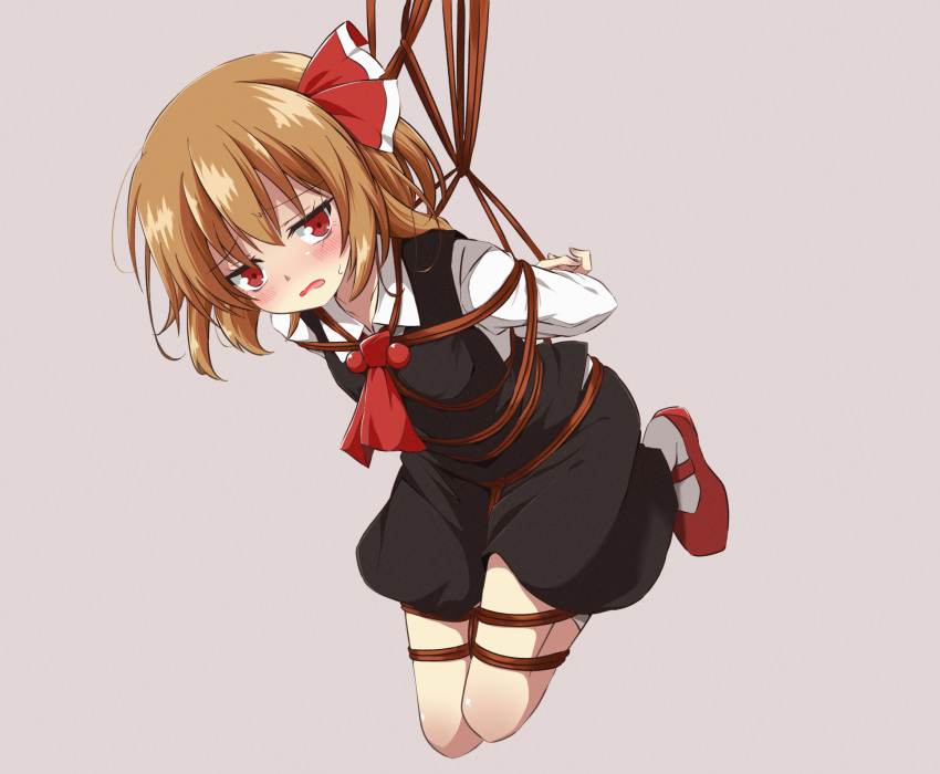 1girl arms_behind_back ascot bangs bdsm blonde_hair blush bondage bound breasts collared_shirt commentary_request furrowed_brow grey_background hair_ribbon highres long_sleeves looking_at_viewer mary_janes open_mouth red_ascot red_eyes red_footwear red_ribbon restrained ribbon rumia shibari shibari_over_clothes shiny shiny_hair shirt shoes short_hair simple_background small_breasts socks solo sweatdrop tied_up_(nonsexual) touhou tsuukinkaisoku_oomiya white_legwear white_shirt wing_collar