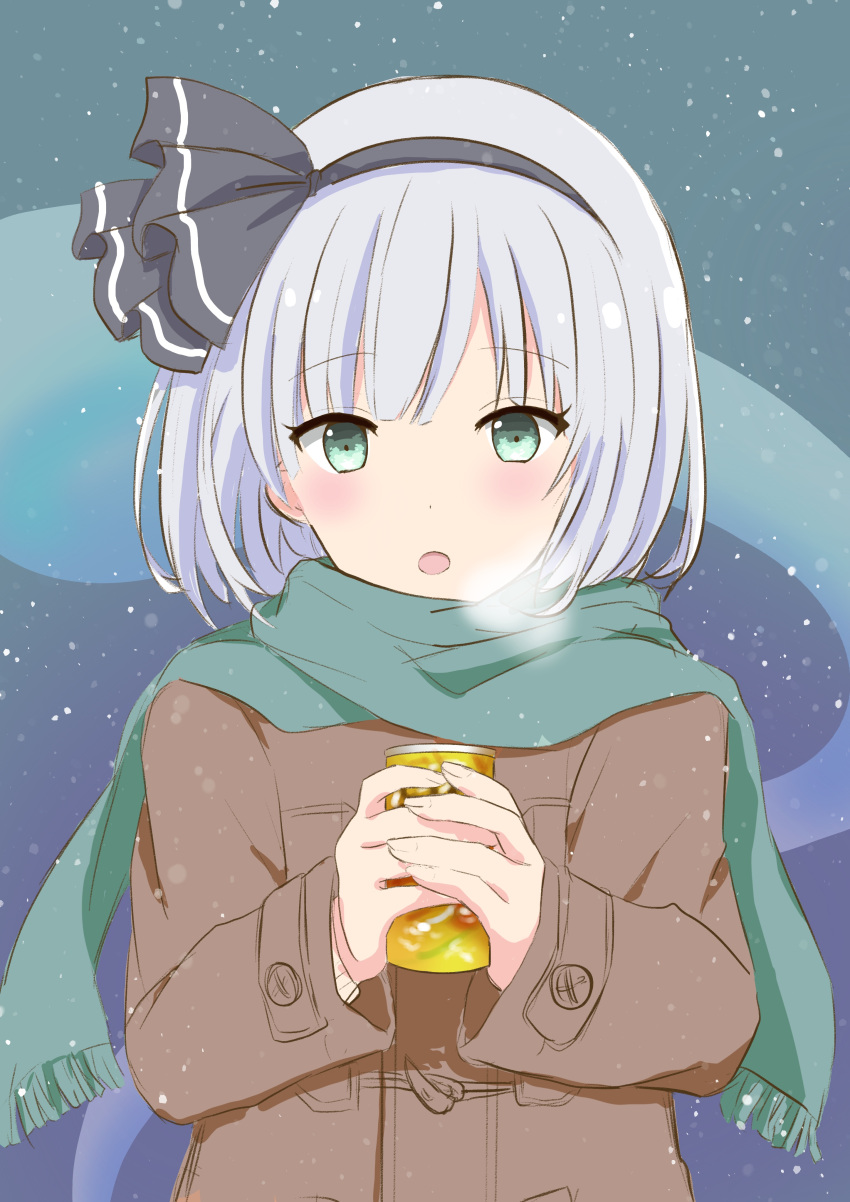 1girl absurdres alternate_costume bangs blue_background blush brown_coat buttons can coat drink eyebrows_visible_through_hair ghost gradient gradient_background green_background green_scarf grey_hairband hairband hands_up highres hitodama konpaku_youmu konpaku_youmu_(ghost) long_sleeves looking_away multicolored_background multicolored_hair open_mouth scarf short_hair silver_hair snow snowing solo steam sweater sweet_miuk_tea touhou violet_eyes white_sweater