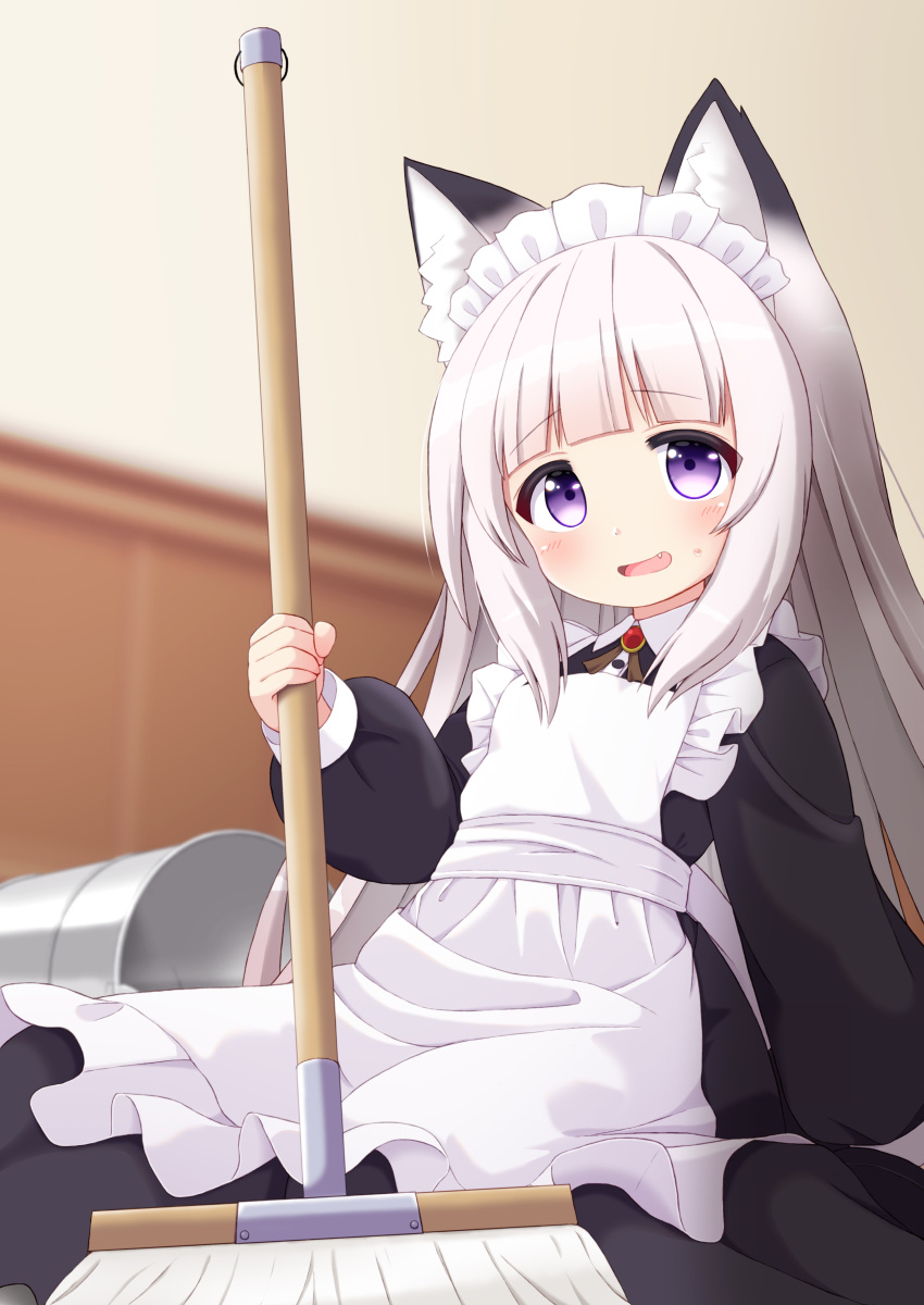 1girl absurdres animal_ear_fluff animal_ears apron bangs black_dress blunt_bangs blush bucket dress eyebrows_visible_through_hair fang fox_ears frilled_dress frills grey_hair hand_up highres holding holding_mop long_hair long_sleeves looking_at_viewer maid maid_headdress mogura2009 mop multicolored_clothes multicolored_dress open_mouth original solo very_long_hair violet_eyes white_dress