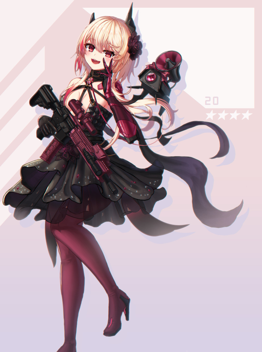 1girl :d absurdres assault_rifle bangs bare_shoulders black_dress blonde_hair boots breasts commentary dress elbow_gloves eyebrows_visible_through_hair feet_out_of_frame girls_frontline gloves gun hair_between_eyes hand_on_own_face hand_up high_heel_boots high_heels highres holding holding_gun holding_weapon long_hair looking_at_viewer m4_carbine m4_sopmod_ii_(girls'_frontline) medium_breasts object_namesake pantyhose purple_gloves red_eyes red_footwear red_legwear rifle smile solo standing standing_on_one_leg star_(symbol) stratosphere_(coom1017) thigh-highs thigh_boots very_long_hair weapon