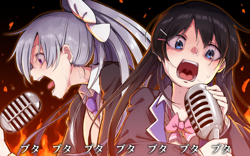 black_hair blue_eyes bow bowtie brown_jacket grey_hair hair_ornament hairclip highres higuchi_kaede holding holding_microphone jacket konboi-eg long_hair microphone music necktie nijisanji open_mouth pink_bow pink_bowtie ponytail purple_necktie school_uniform singing sweater_vest tsukino_mito violet_eyes white_bow wide-eyed