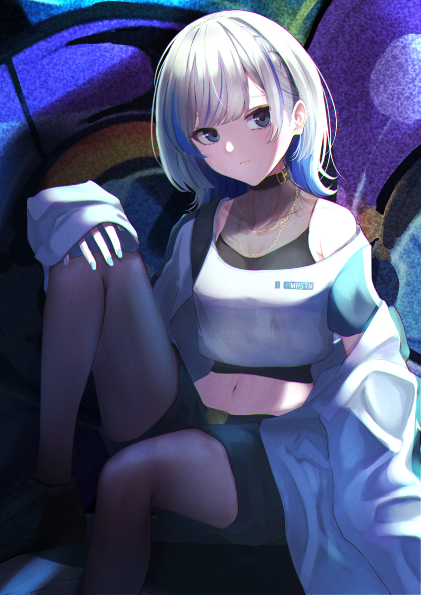 1girl absurdres aqua_nails armpit_crease bangs belt_collar blue_eyes blue_hair braid brown_legwear casual chain_necklace chromatic_aberration closed_mouth collar collarbone crop_top french_braid hand_on_own_knee highres jacket looking_at_viewer marishiten_(mar1sh110) midriff multicolored_hair navel off-shoulder_shirt off_shoulder original pantyhose see-through shirt short_hair shorts silver_hair sitting solo streaked_hair swept_bangs white_jacket white_shirt