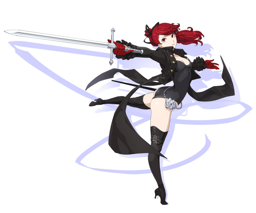 1girl ass bangs black_footwear black_legwear black_leotard black_ribbon breasts collarbone floating_hair full_body gloves hair_between_eyes hair_ribbon high_heels high_ponytail holding holding_weapon leotard long_hair looking_up medium_breasts open_mouth ozkh persona persona_5 red_eyes red_gloves redhead ribbon simple_background smile solo spinning standing standing_on_one_leg sword weapon white_background yoshizawa_kasumi