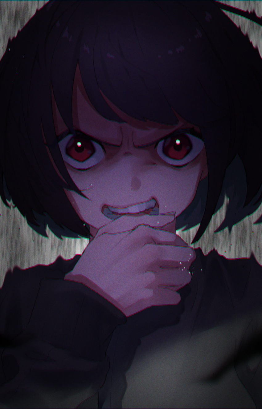 biting black_sweater bob_cut copyright_request finger_biting glaring highres looking_at_viewer portrait purple_hair red_eyes solo sweater taiga_(ryukyu-6102-8) upper_body wide-eyed