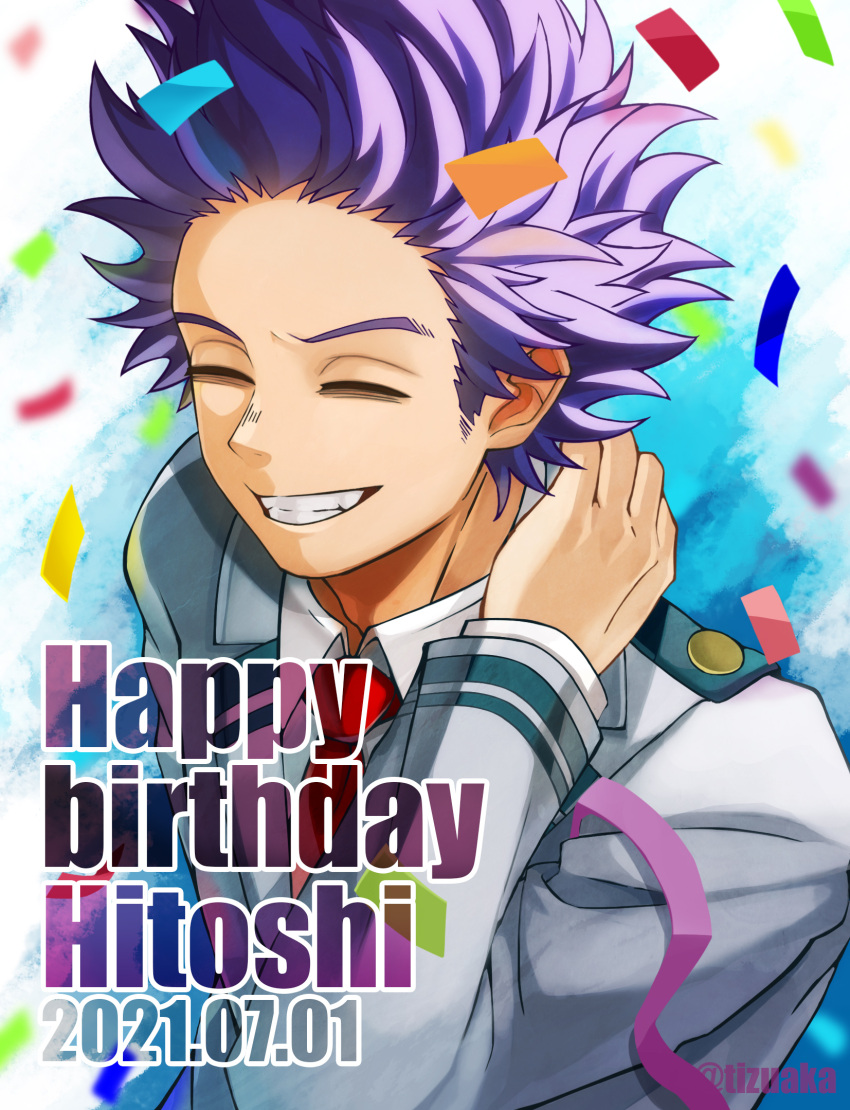 1boy bags_under_eyes bangs birthday boku_no_hero_academia character_name closed_eyes confetti dated english_text foreground_text forehead from_above hand_on_own_neck happy_birthday highres male_focus messy_hair purple_hair school_uniform shinsou_hitoshi short_hair smile solo spiky_hair teeth text_focus tonbanlove twitter_username u.a._school_uniform upper_body violet_eyes