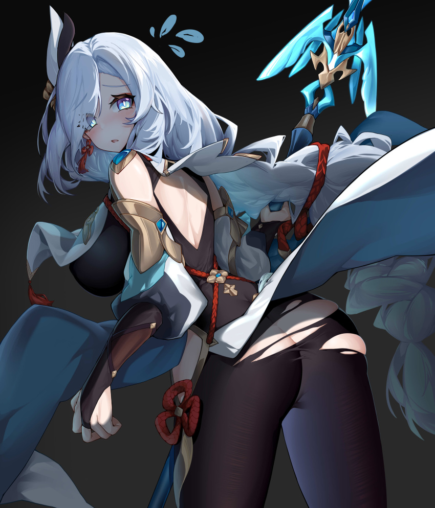 1girl absurdres ass back bare_shoulders black_background black_bodysuit blue_eyes bodysuit braid breasts genshin_impact hair_ornament hair_over_one_eye highres hip_vent large_breasts long_hair looking_at_viewer looking_back polearm shenhe_(genshin_impact) simple_background tailcoat torn_bodysuit torn_clothes weapon zeroblood