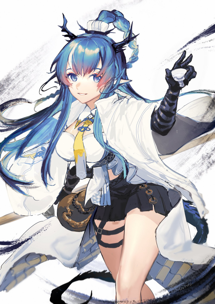 1girl arknights bangs black_gloves black_skirt blue_eyes blue_hair blush breasts coat cup dragon_horns elbow_gloves feet_out_of_frame gloves gourd gradient_hair highres holding holding_cup horns ink large_breasts leaning_forward ling_(arknights) long_hair long_sleeves looking_at_viewer mayf42 miniskirt multicolored_hair necktie open_clothes open_coat parted_lips pointy_ears redhead revision shirt simple_background skirt smile solo standing thighs very_long_hair white_background white_coat white_shirt wide_sleeves yellow_necktie