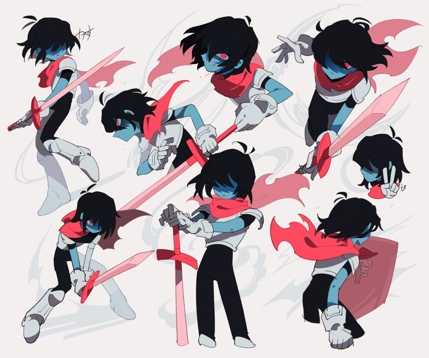 1other armor bangs black_bodysuit black_hair blood blue_skin bodysuit closed_mouth colored_skin deltarune gloves hair_between_eyes hair_over_eyes holding holding_shield holding_sword holding_weapon kris_(deltarune) multiple_views parted_lips red_eyes red_scarf scarf senjochi_janai shield signature simple_background sword torn_scarf v weapon white_gloves