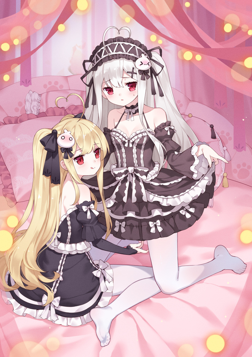 &gt;_&lt; 2girls :q absurdres ahoge bangs bare_shoulders black_bow black_ribbon black_shirt black_sleeves blonde_hair blush bottomless bow breasts chinese_commentary closed_mouth clothes_lift collarbone detached_sleeves dress dress_lift eyebrows_visible_through_hair feet frilled_pillow frilled_sleeves frills hair_between_eyes hair_bow hair_ornament hair_ribbon hairband hairclip heart_ahoge highres incest kneeling lolita_hairband long_hair long_sleeves medium_breasts multiple_girls nose_blush original pantyhose parted_lips pillow red_eyes ribbon shirt siblings silver_hair sisters sitting smile sweat thigh-highs tokisaki_asaba tokisaki_mio tongue tongue_out tsubasa_tsubasa two_side_up very_long_hair wariza white_bow white_legwear wide_sleeves x_hair_ornament yuri