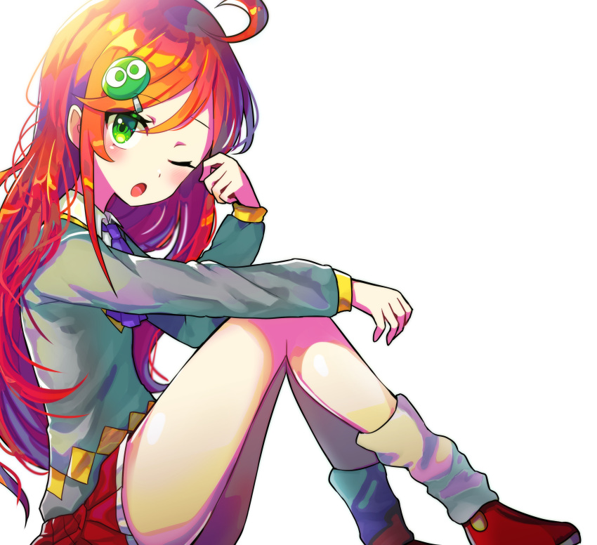 1girl absurdres andou_ringo green_eyes highres leg_warmers long_hair looking_at_viewer one_eye_closed open_mouth pleated_skirt puyopuyo red_skirt redhead s2offbeat sitting skirt solo