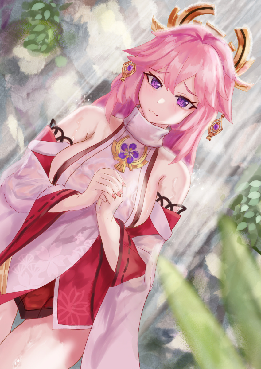 1girl animal_ears bangs bare_shoulders blush breasts detached_sleeves fox_ears genshin_impact gohei hair_ornament highres japanese_clothes jewelry kimono large_breasts long_hair looking_at_viewer necklace om10 parted_lips pendant pink_hair purple_eyes red_skirt sidelocks skirt sleeveless sleeveless_kimono smile solo thighs very_long_hair white_kimono wide_sleeves yae_(genshin_impact)