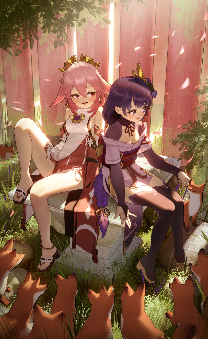 2girls absurdres bangs bare_legs boots braid breasts bridal_gauntlets fox full_body genshin_impact grass hair_between_eyes highres japanese_clothes kimono long_hair looking_at_animal looking_at_another multiple_girls outdoors petals petting pink_eyes pink_hair purple_hair purple_kimono raiden_shogun revision sitting starsd thigh-highs thigh_boots very_long_hair violet_eyes yae_miko