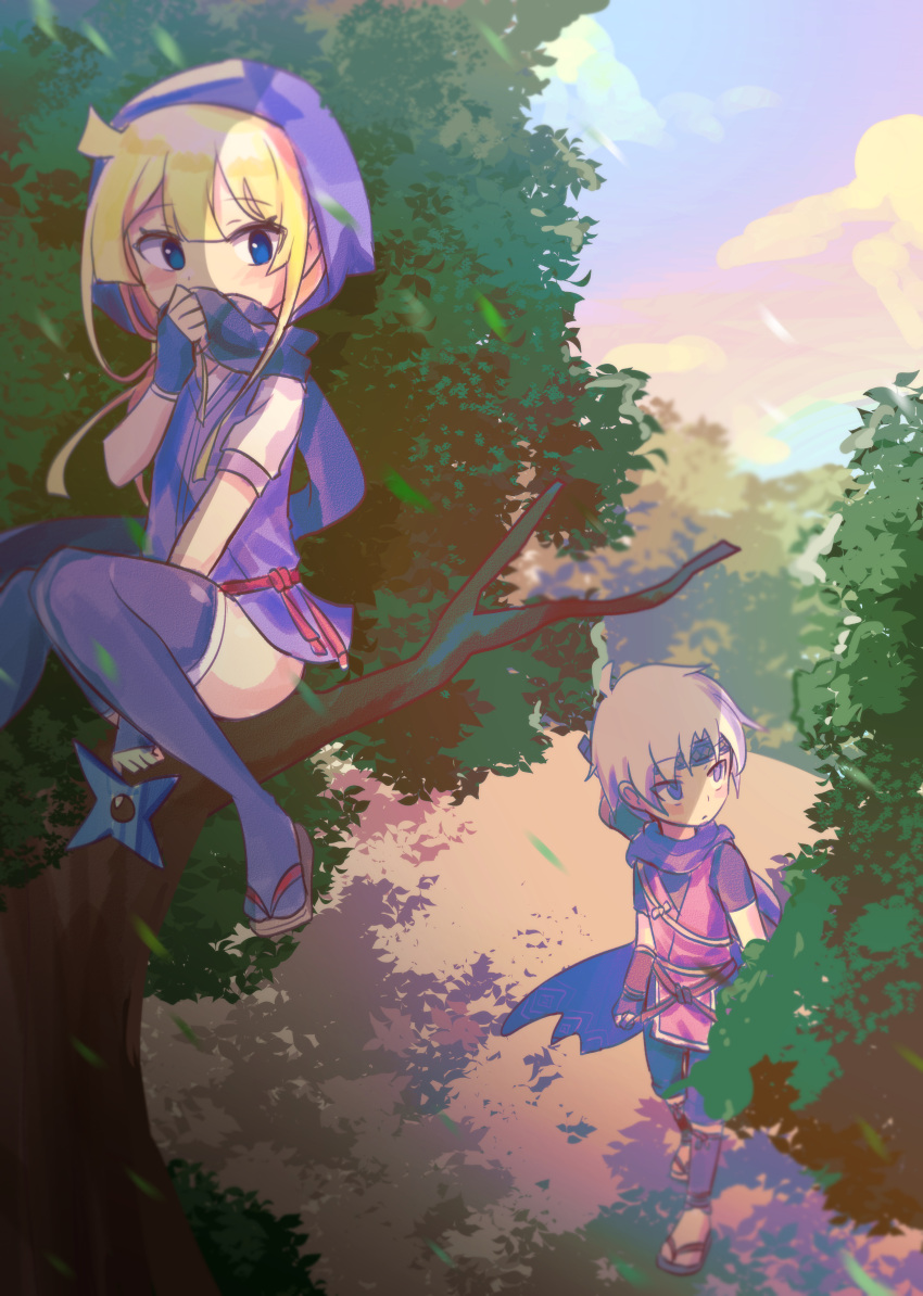 1boy 1girl absurdres alternate_costume black_legwear blonde_hair blue_eyes day eyebrows_visible_through_hair grey_hair highres holding_shuriken long_hair looking_at_another looking_away ninja outdoors puyopuyo s2offbeat sandals schezo_wegey short_hair shuriken sketch thigh-highs tree weapon witch_(puyopuyo)