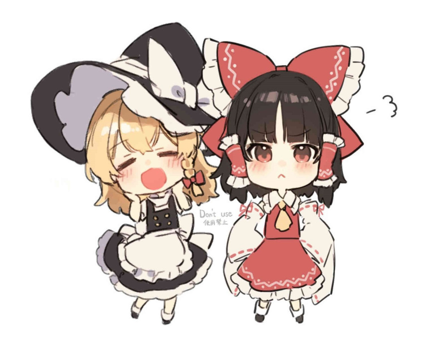 2girls apron ascot back_bow bangs bare_shoulders black_dress black_footwear black_headwear blonde_hair blush bow braid brown_hair buttons chibi closed_eyes closed_mouth collared_dress detached_sleeves dress english_text eyebrows_visible_through_hair frills full_body hair_bow hair_ornament hair_tubes hakurei_reimu hands_on_own_face hands_up hat hat_bow highres jill_07km kirisame_marisa long_sleeves looking_at_viewer multiple_girls open_mouth puffy_short_sleeves puffy_sleeves red_bow red_dress red_eyes ribbon-trimmed_sleeves ribbon_trim shirt shoes short_hair short_sleeves simple_background single_braid smile socks standing touhou watermark white_apron white_background white_bow white_legwear white_shirt white_sleeves wide_sleeves witch_hat yellow_ascot