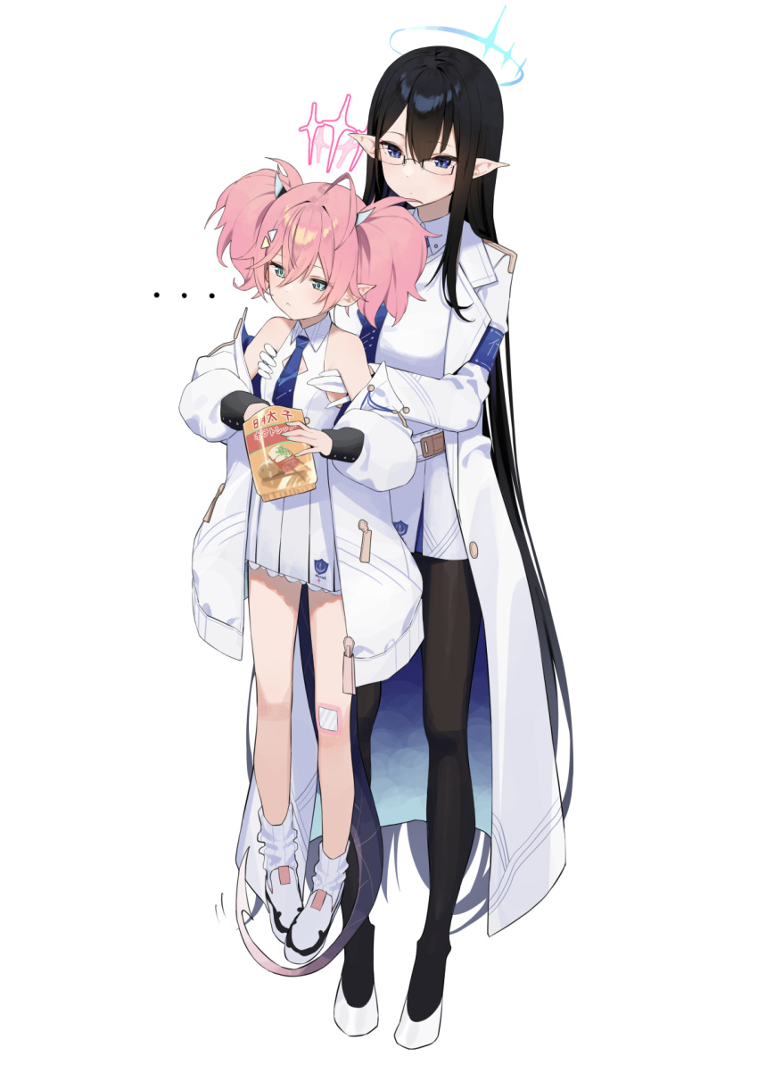 ... 2girls ahoge bag_of_chips bandaid bangs bare_shoulders black_hair black_legwear blue_archive blue_eyes blush boots breasts chips closed_mouth dress eyebrows_visible_through_hair food full_body fur_trim glasses gloves hair_between_eyes hair_ornament halo highres holding horns jacket long_hair long_sleeves looking_at_viewer momoka_(blue_archive) multicolored_hair multiple_girls necktie pink_hair pointy_ears potato_chips rin_(blue_archive) school_uniform sleeves_past_wrists snack standing syhan tail twintails very_long_hair white_dress white_footwear white_gloves wings