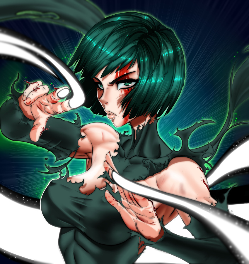 1girl absurdres breasts dress flarefox fubuki_(one-punch_man) green_eyes green_hair highres looking_at_viewer one-punch_man short_hair solo