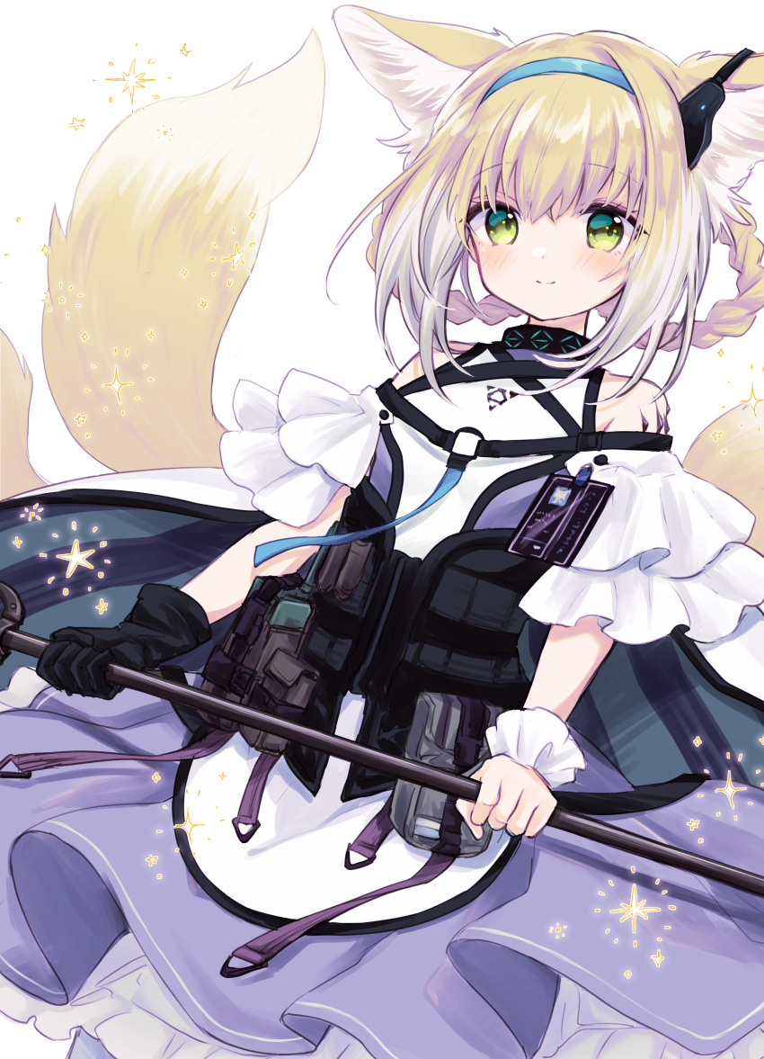 1girl absurdres animal_ear_fluff animal_ears apron arknights bangs bare_shoulders black_gloves blonde_hair blue_hairband blush chiwa_(chiwawanwan1206) closed_mouth eyebrows_visible_through_hair fox_ears fox_girl fox_tail gloves green_eyes hair_between_eyes hairband highres kitsune multicolored_hair pleated_skirt purple_skirt shirt simple_background skirt smile solo suzuran_(arknights) tail two-tone_hair waist_apron white_apron white_background white_hair white_shirt