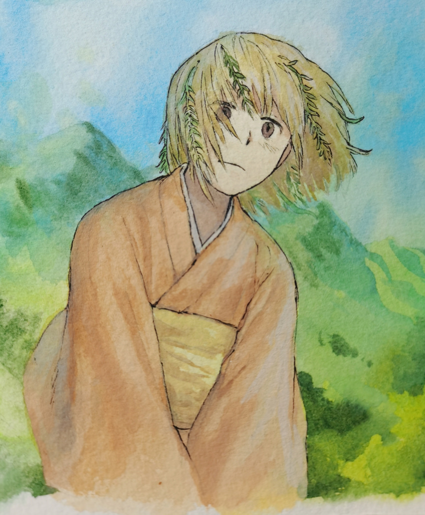 1girl absurdres bangs blonde_hair blue_sky blush chinese_commentary closed_mouth clouds commentary_request day flat_chest godzillapigeon1 highres japanese_clothes kaya_(mushishi) kimono light_blush long_sleeves looking_at_viewer mountain mushishi obi orange_kimono outdoors plant sash short_hair sidelocks sky solo traditional_media upper_body violet_eyes wide_sleeves younger